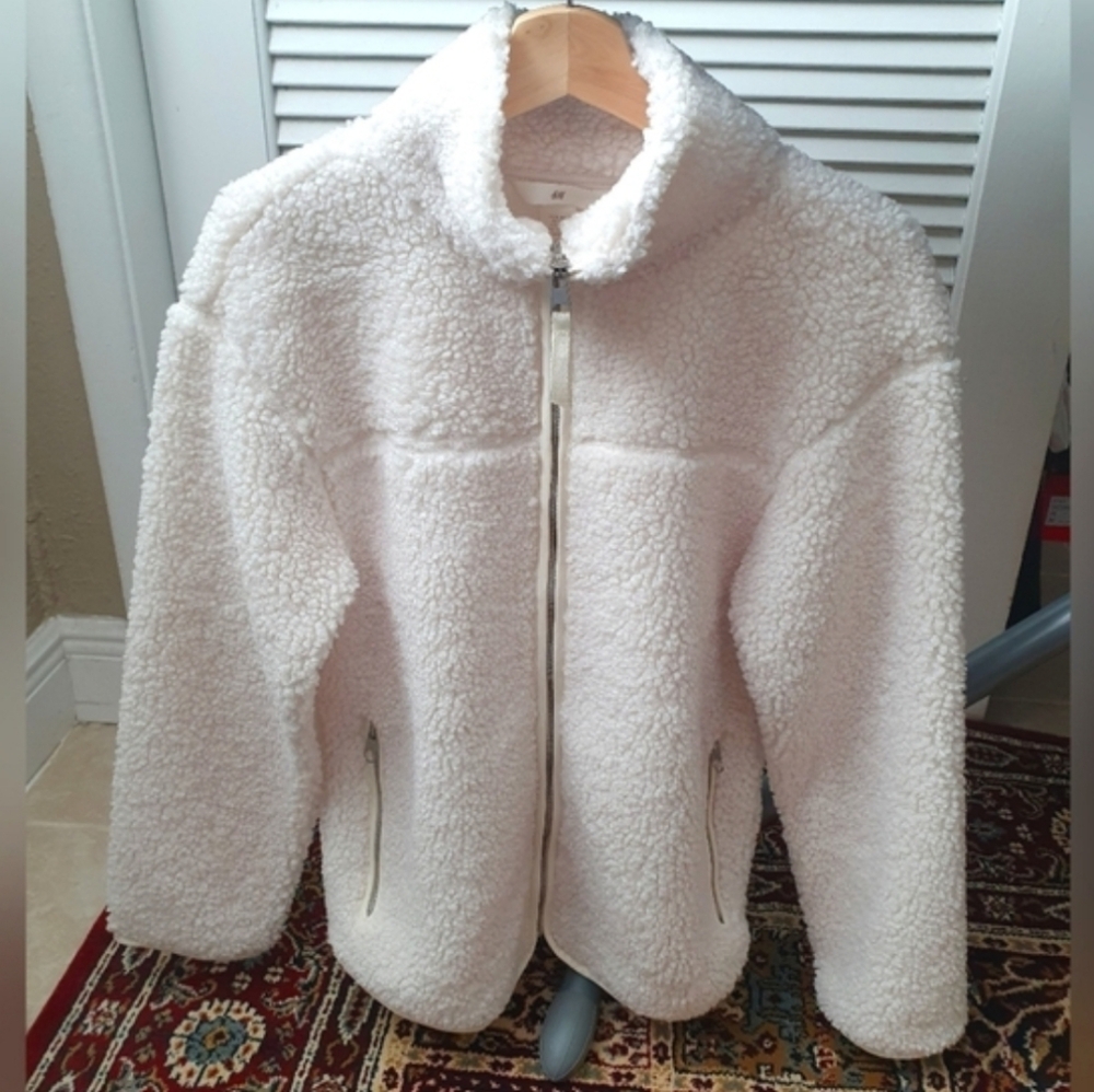 H&M Teddy Sherpa Fleece Jacket In Cream / Off-white, Size XS
